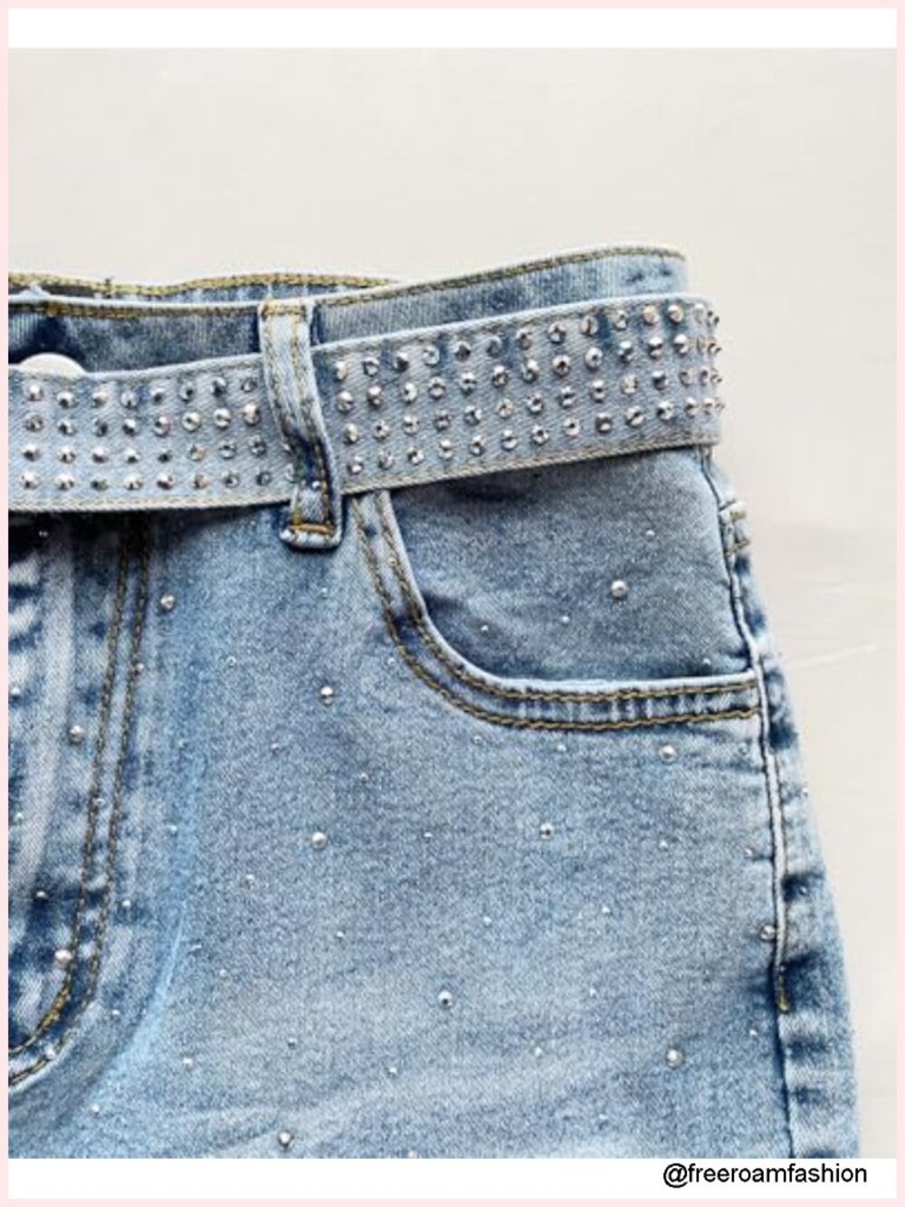 High Waisted Wide Leg Jeans with Rhinestone Belt, Flare Denim Pants - Picture 4 of 6
